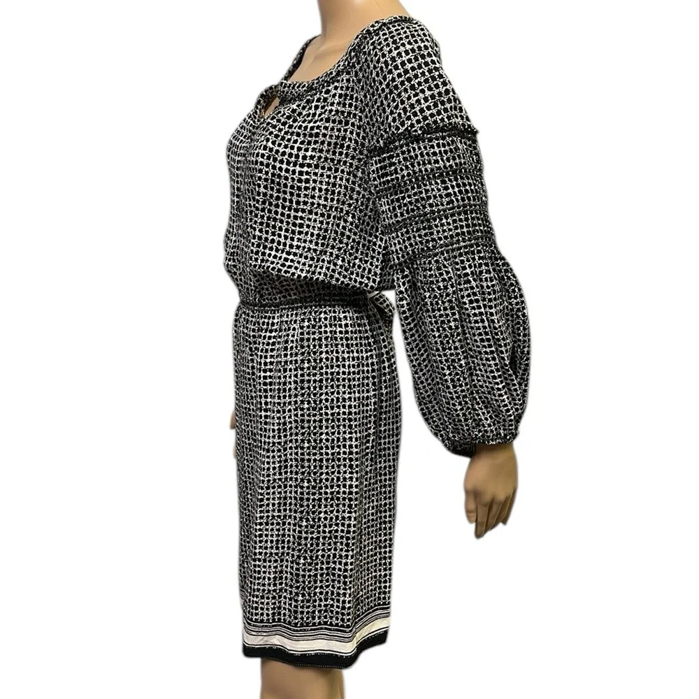 MSSP Black Cream Rayon Blouson Long Sleeve Elastic Waist Dress Womens Medium